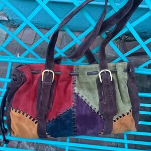 VINTAGE SUEDE PATCHWORK WHIPSTITCHED LEATHER SHOULDER BAG